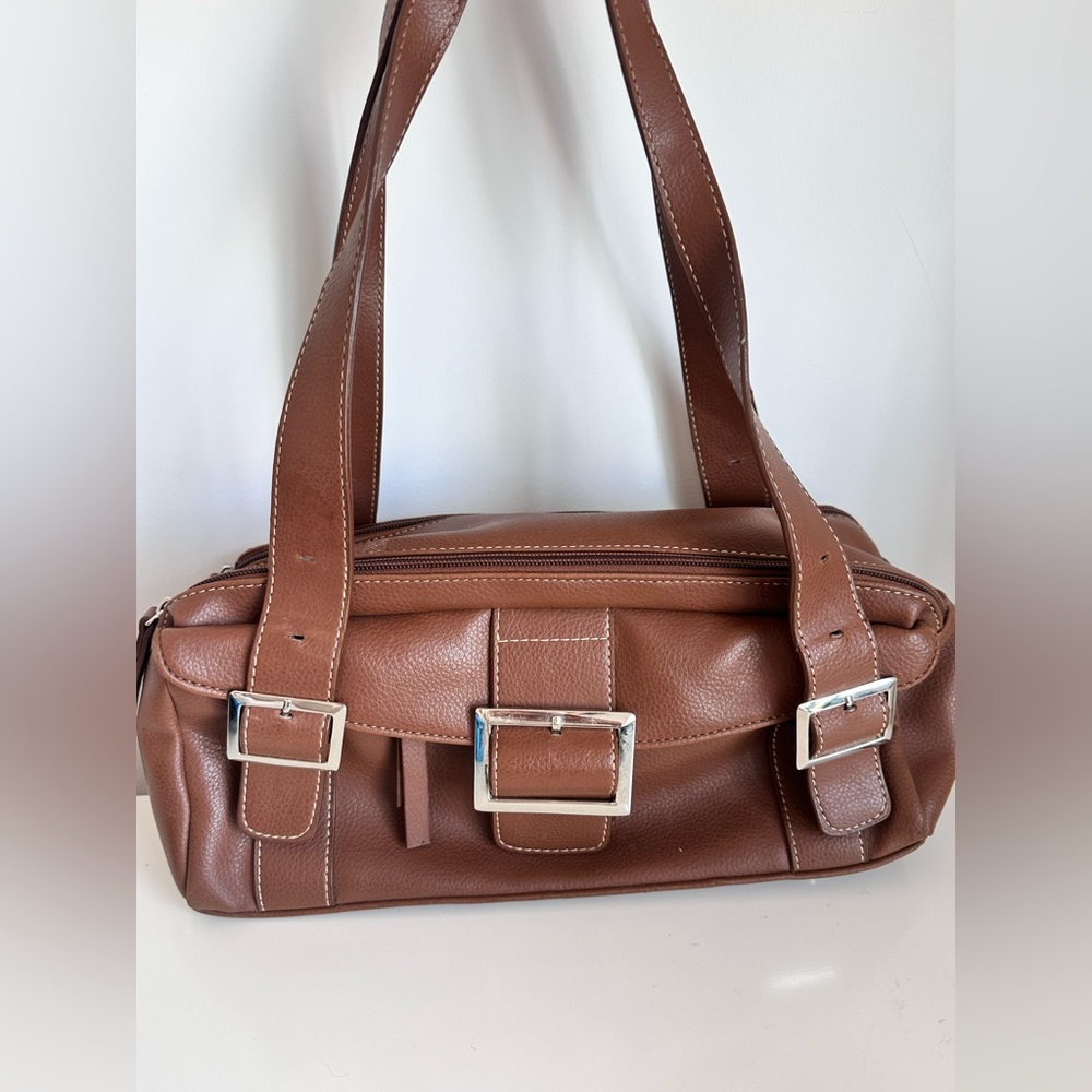 CNKW Vintage Brown Faux Leather Buckle Shoulder Bag Y2K 90s